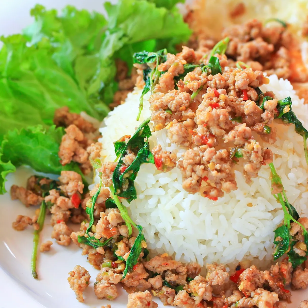 Thai basil stir-fry with minced meat over jasmine rice